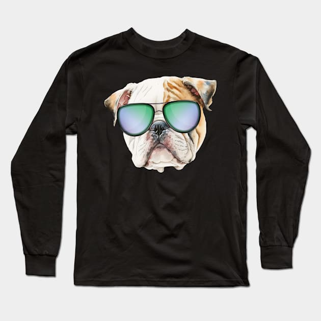 Cute english bulldog with sunglasses, Funny puppy Long Sleeve T-Shirt by Arabic calligraphy Gift 